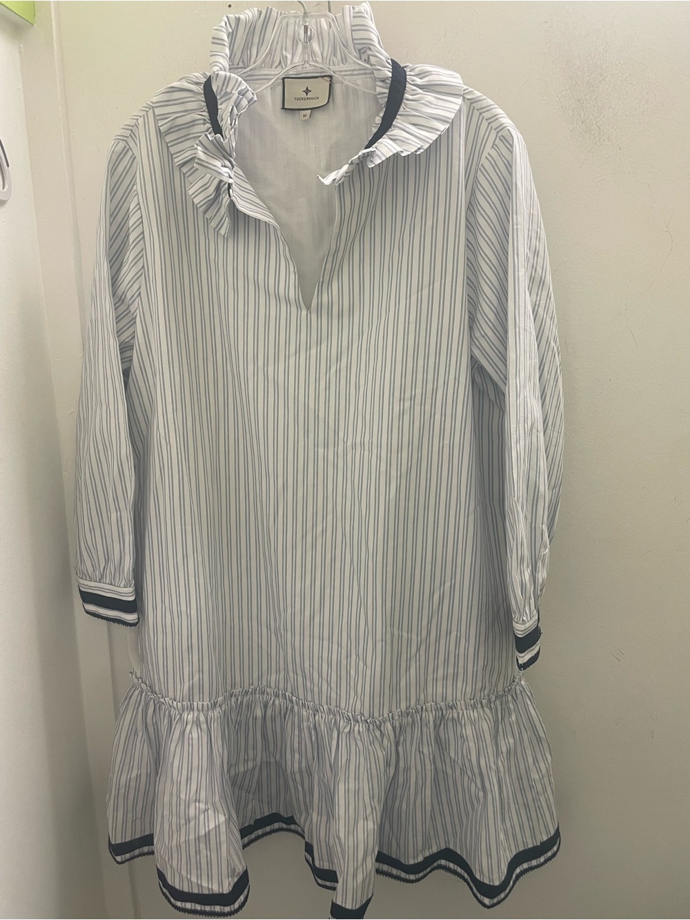 Tuckernuck Bouvier White Striped Ruffle Collar Dress with Navy Trim